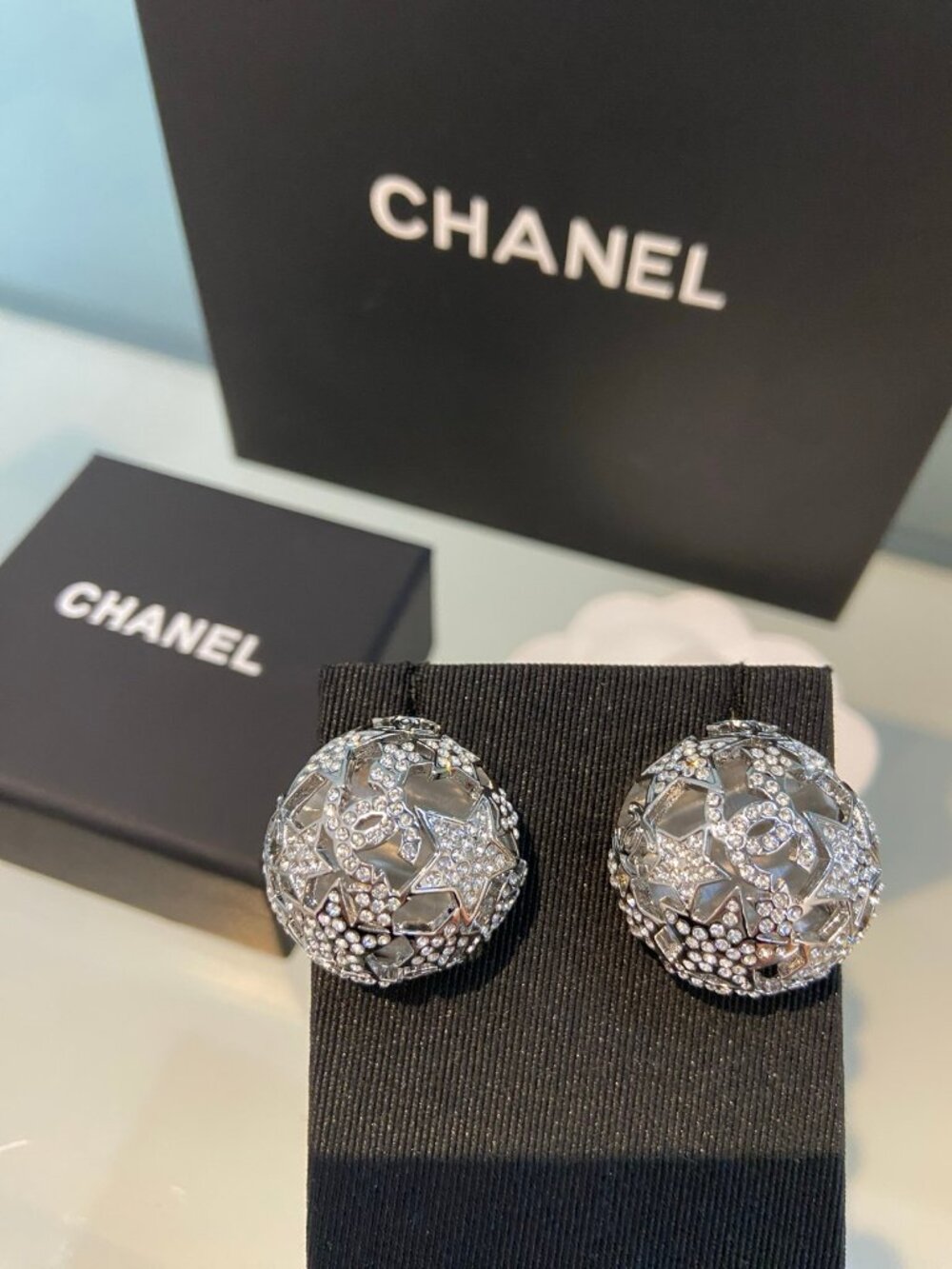 Chanel Silver-Tone Crystal Star Ball Stud Earrings